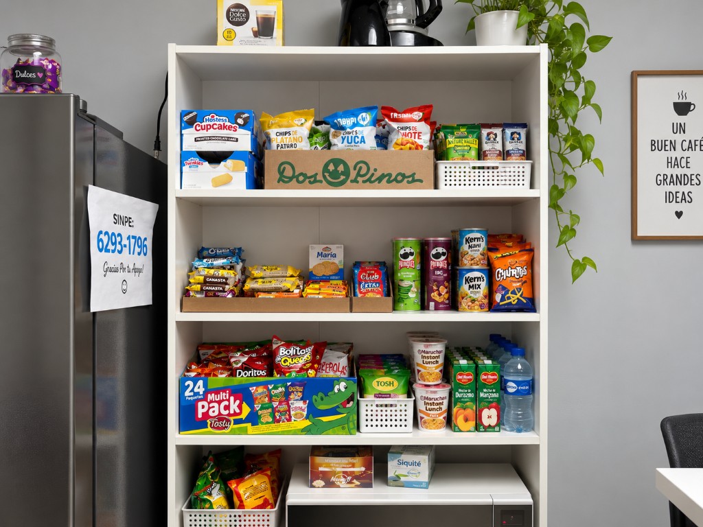 Estantes de TIENDATI con snacks, bebidas y productos para estudiantes
